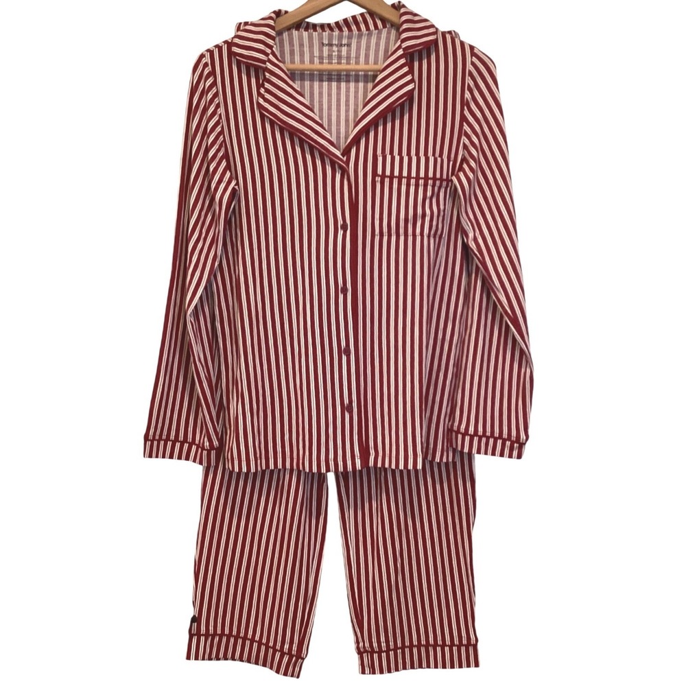 Tommy John Pajama Set Red White Striped Long Sleeve Button Down - Small Petite